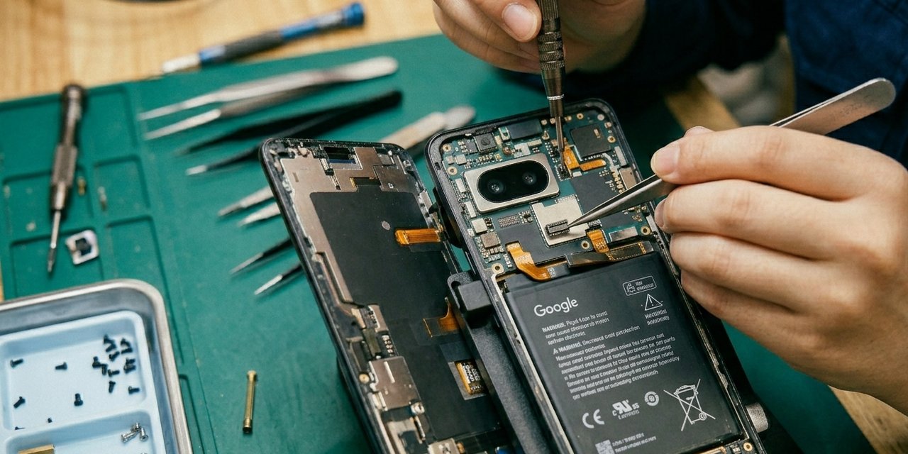 Android端末の基板修理を行うスマホスピタル錦糸町の作業風景